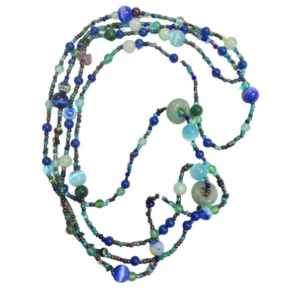 Beaded Necklace - Glass and Stone with Two Shifting Jade Beads 47" *NEW* - Picture 1 of 4